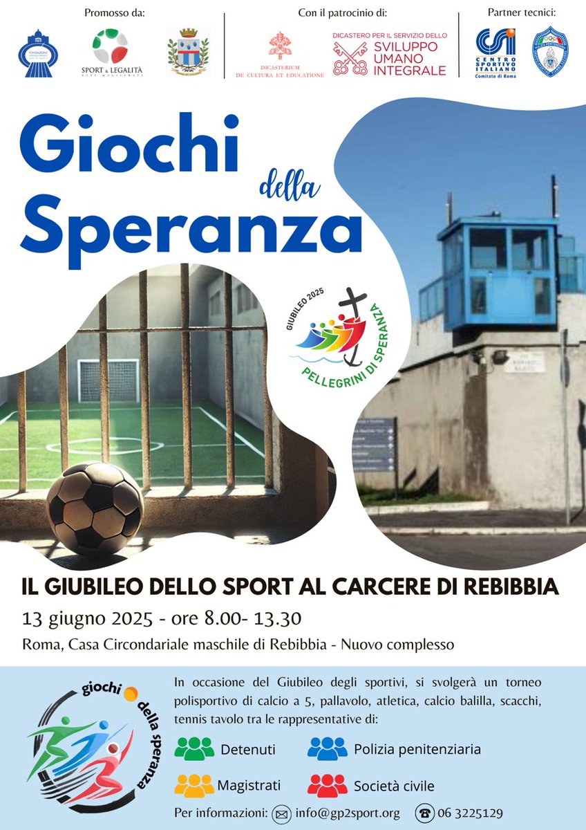 📣 Venerdì 13 giugno, in occasione del Giubileo degli sportivi, all’interno del carcere di Rebibbia si disputerà la prima edizione de “I giochi della speranza” 🫱🏼‍🫲🏽

Maggiori info: csiroma.it/i-giochi-della… @gp2sport