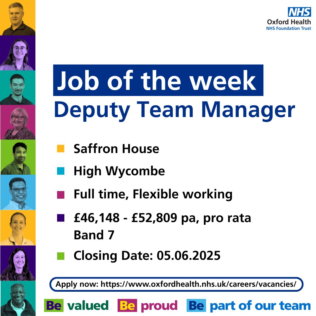 🔶 Job of the Week: Deputy Team Manager – Chiltern West Adult CMHT (Community Mental Health), Buckinghamshire

💻 Apply Now: loom.ly/CQjEGHU
📆 Closing date: 05.06.2025
📍 Chiltern West, Buckinghamshire

#OneOHFT #WorkWithUs #Hiring #NHSJobs #JoinOurTeam