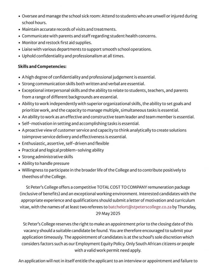 CarolBoitumelo1's tweet photo. St Peter `s College is hiring!

📌School Receptionist 

Closing Date 29 May 2025 
Email your CV, qualifications and motivational letter to batchelort@stpeterscollege.co.za

The school is located in Sandton https://t.co/MaiegqFQcv