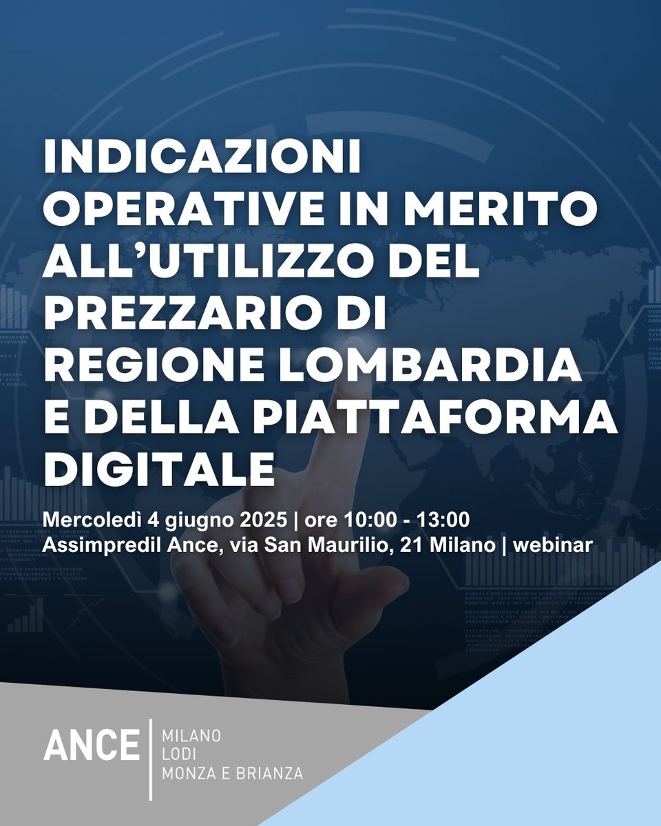 Nuove sfide e opportunità con il Prezzario regionale OOPP e la Piattaforma Digitale di Regione Lombardia: #AssimpredilAnce organizza un seminario di approfondimento il 4 giugno dalle 10 alle 13.

➡️portale.assimpredilance.it/eventi/indicaz…