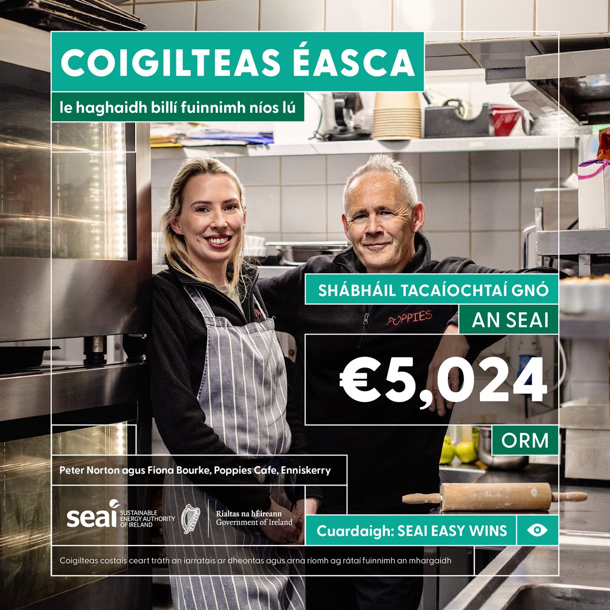 Coigilteas Éasca le haghaidh billí fuinnimh níos lú.
Rinne Poppies Café €5,024 a choigilt ar a mbillí fuinnimh a bhuíochas leis an tacaíocht ón SEAI. Léigh an cás-staidéar iomlán lena fháil amach conas a d’éirigh leo é sin a dhéanamh.
seai.ie/easywins