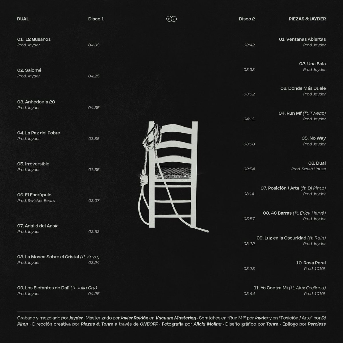 👤 PIEZAS
<a href="/Piezas750/">PIEZAS</a> 

💿 DUAL

🗣️ ERICK HERVÉ
🗣️ TWEAZ
🗣️ RAIN
🗣️ ALEX ORELLANA
🗣️ KAZE
🗣️ JULIA CRY

🎹 1010!
🎹 STASH HOUSE
🎹 SWISHER BEATS
🎹 JAYDER
🎹 DJ PIMP

📝 "Seis años después de ‘Panoramica’, cerramos la trilogía de ‘Acantilado’"

🗓️ 2 de junio