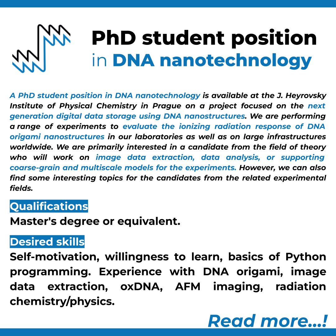 researchjobs_cz's tweet photo. A top research institute in the Czech Rep., named after the Czech Nobel Laureate in Chemistry J. Heyrovsky, offers a #PhD student position in #DNA #nanotechnology
Read more: https://t.co/ZaoaNzR3pr
#DNAorigami #imageProcessing #oxDNA #chemistry #physics
CC: @JHINST_Prague https://t.co/rTouAfHBIa