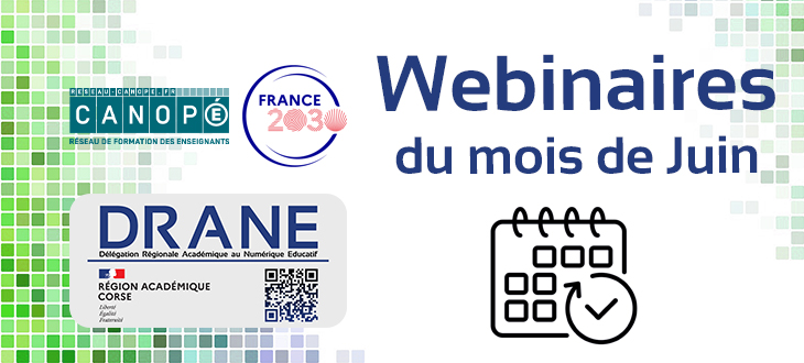 🎯#Enseignants de la maternelle au lycée, #Formateurs
💻#Webinaires du mois de juin.
💡Création de jeux éducatifs, communication visuelle, Canva, slam, IA, vidéo interactive, livre numérique etc.
🔗Infos : sites.ac-corse.fr/tne2a/webinair… 
🔍<a href="/accorse/">Académie de Corse</a> <a href="/Canope_2A/">Atelier Canopé Corse 2A</a>