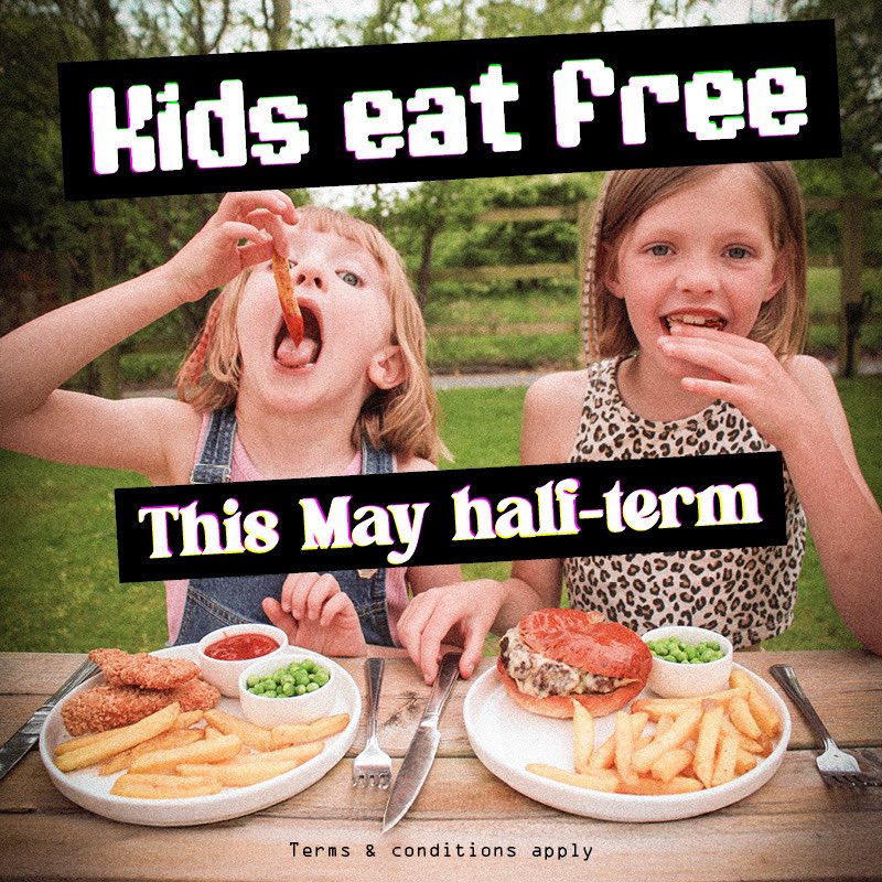 KIDS EAT FREE 

May Half Term Monday to Friday

Play Area open from 12pm daily 

Call or book online

linktr.ee/PasturesLodge

T&amp;Cs appy