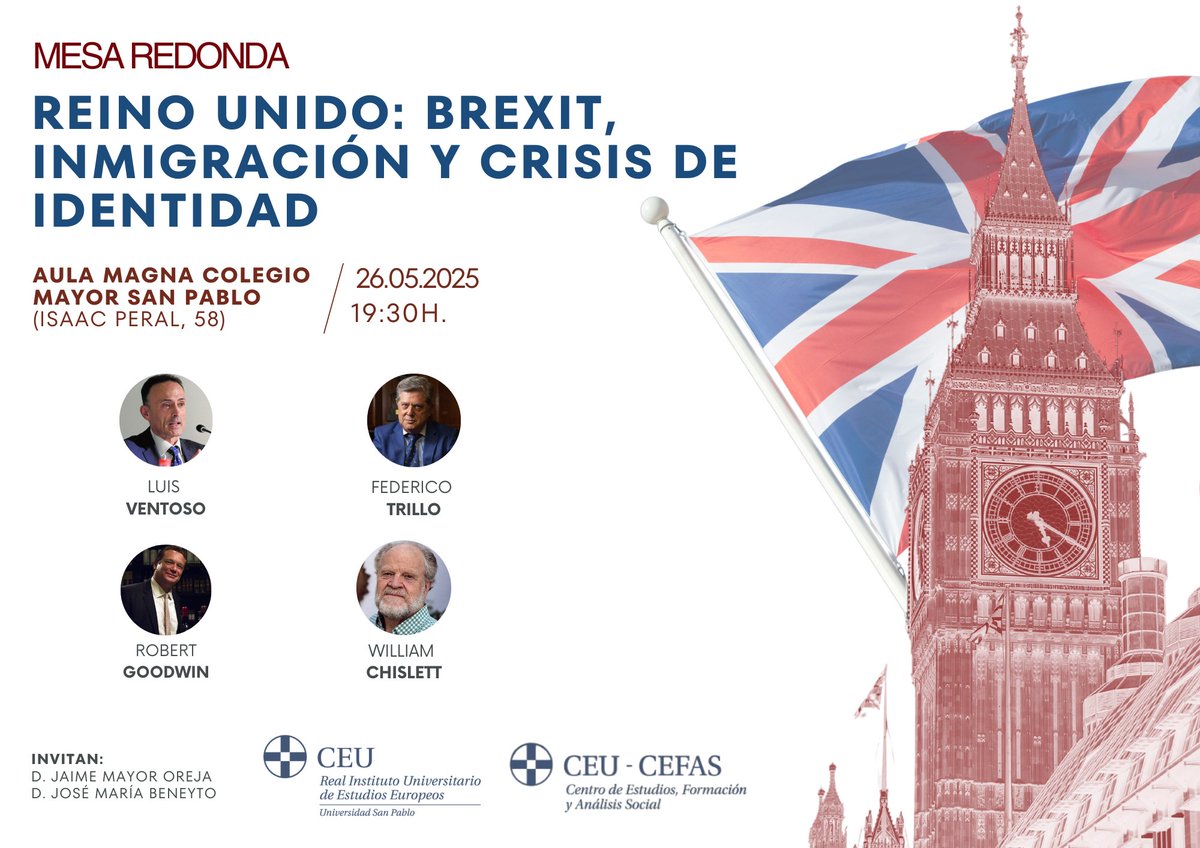 CEFAS (@cefas_ceu) on Twitter photo 📢 Te esperamos esta tarde para analizar junto al <a href="/RIDEE_CEU/">Real Instituto Univ. de Estudios Europeos</a> los retos políticos de Reino Unido.
🗓️ Lunes, 26 de mayo
🕖 19:30 horas
🗣️ Con <a href="/luis_ventoso/">Luis Ventoso</a>, Federico Trillo, Robert Goodwin y <a href="/WilliamChislet3/">William Chislett</a>
📲 Inscríbete en forms.office.com/e/A0FLUV2rBs 📢 Te esperamos esta tarde para analizar junto al <a href="/RIDEE_CEU/">Real Instituto Univ. de Estudios Europeos</a> los retos políticos de Reino Unido.
🗓️ Lunes, 26 de mayo
🕖 19:30 horas
🗣️ Con <a href="/luis_ventoso/">Luis Ventoso</a>, Federico Trillo, Robert Goodwin y <a href="/WilliamChislet3/">William Chislett</a>
📲 Inscríbete en forms.office.com/e/A0FLUV2rBs