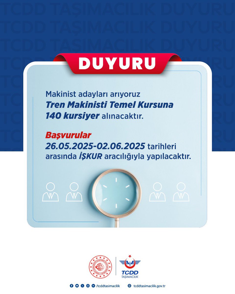 Tren Makinisti Temel Kursuna 140 kursiyer alımı yapılacaktır.

Başvurular 26.05.2025-02.06.2025 tarihleri arasında esube.iskur.gov.tr üzerinden kabul edilecektir.