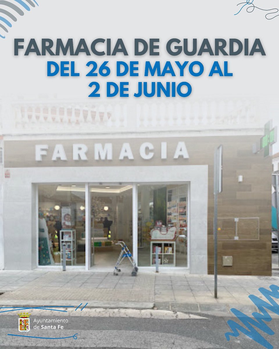 💊FARMACIA DE GUARDIA
⚕Lda. González Moles, María Luisa

🗓Del 26 de mayo al 2 de junio
📍Calle Santa Fé de Bogotá, 26

📲958 44 02 30

#AyuntamientoDeSantaFe