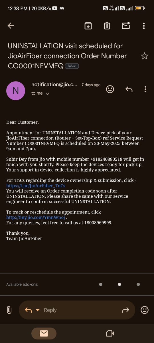 subhamshaw143's tweet photo. @JioCare I’m facing a terrible experience with Jio AirFiber in Kolkata. Raised a relocation request a week ago. The device was uninstalled the next day—but 6 days later, still NO installation, NO update.@reliancejio @DoT_India #poorService https://t.co/j5GDf35IiY