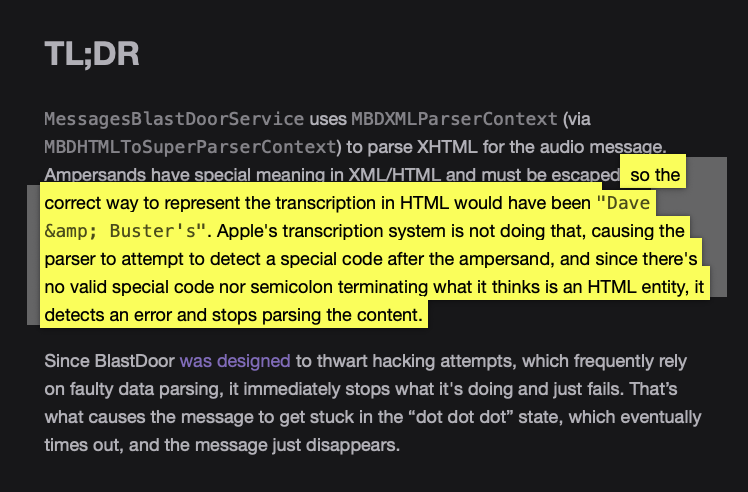 Security &amp; Usability are often (unfortunately) at odds with each other. Here's a (hilarious) example: 

Apparently: "if you send an audio message (via iMsg) that includes “Dave and Buster's” the message will never be received" 👀 

...cuz of BlastDoor 😂

rambo.codes/posts/2025-05-…