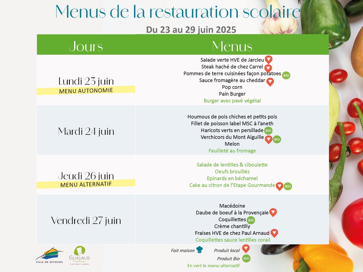 🥗 BON APP' 🥚
Découvrez les menus de la restauration scolaire du 23 au 29 juin.