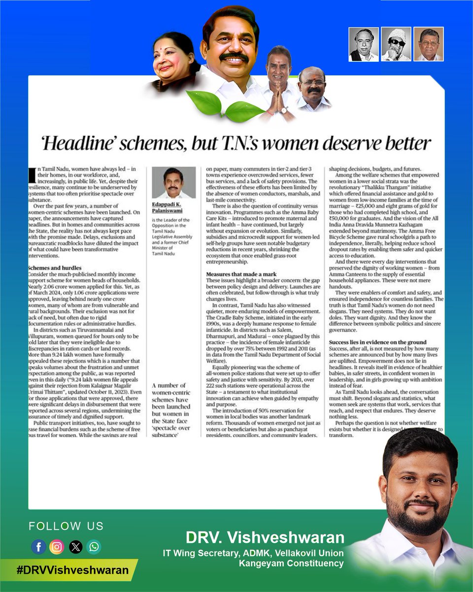 The truth is that Tamil Nadu's women do not need slogans. They need systems. They do not want doles. They want dignity. And they know the difference between symbolic politics and sincere governance.

Perhaps the question is not whether welfare exists but whether it is designed to