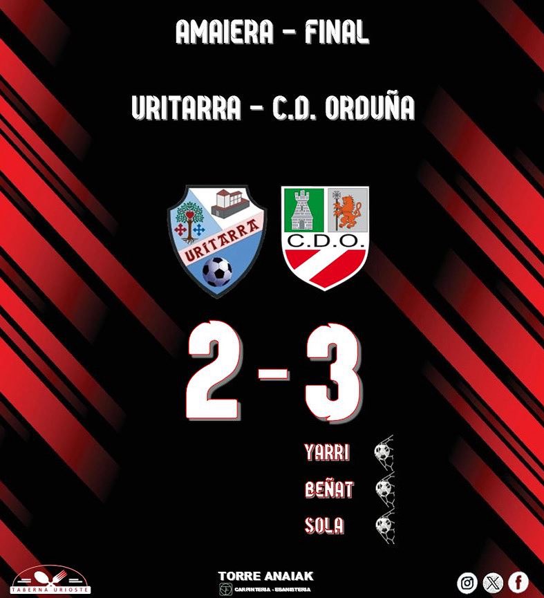 🔴⚪️PRIMER EQUIPO🔴⚪️
Amaieraaaaaaaa / Finaaaaaaaaallll
Uritarra 2-3 C.D. Orduña

Un gol en el minuto 89 nos da la salvación.