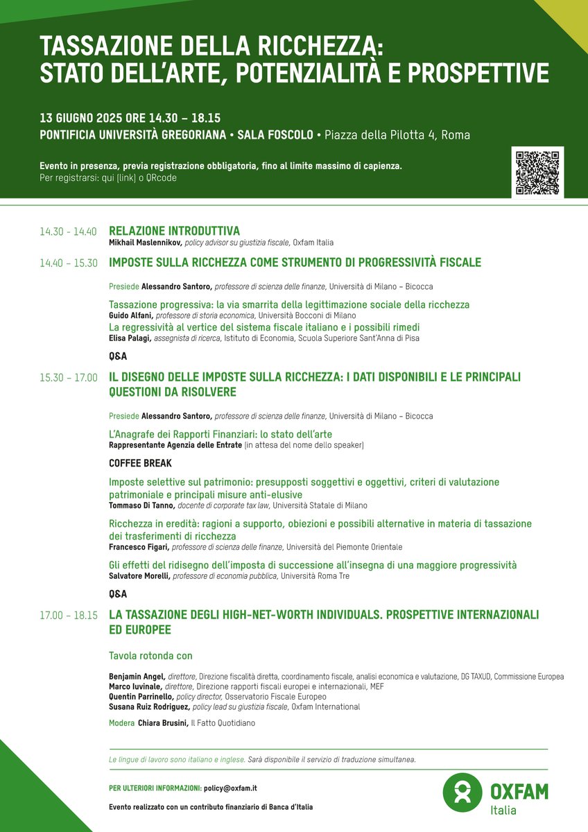 Mikhail Maslennikov (@maslomisha) on Twitter photo SAVE THE DATE
📅 13.06.2025
🕑 14.30-18.15
📍Pontificia Università Gregoriana, P.zza della Pilotta, 4 - Roma
📌 Convegno "Tassazione della ricchezza: stato dell'arte, potenzialità e prospettive" organizzato da <a href="/OxfamItalia/">Oxfam Italia</a>
📝Registrazione obbligatoria 👉 tinyurl.com/ajdmdr6k SAVE THE DATE
📅 13.06.2025
🕑 14.30-18.15
📍Pontificia Università Gregoriana, P.zza della Pilotta, 4 - Roma
📌 Convegno "Tassazione della ricchezza: stato dell'arte, potenzialità e prospettive" organizzato da <a href="/OxfamItalia/">Oxfam Italia</a>
📝Registrazione obbligatoria 👉 tinyurl.com/ajdmdr6k