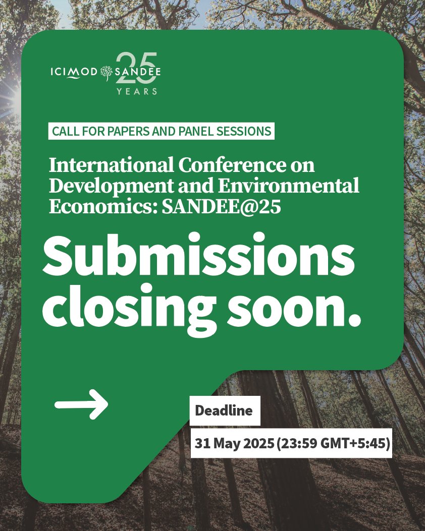 Submissions closing soon.
SANDEE is inviting scholars, researchers, and policymakers to submit papers and/or panel sessions for a flagship international conference to be held at ICIMOD’s Kathmandu headquarters, 12-14 December 2025.
👉icimod.org/initiative/san…
Deadline: 31 May 2025