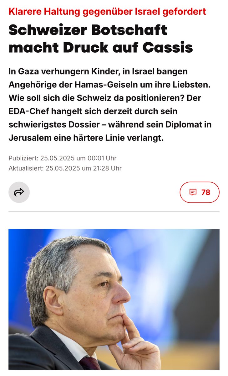 Die Schweizer Botschaft setzt Aussenminister Cassis unter Druck, eine härtere Linie gegenüber Israel zu verfolgen.
Schade, dass die Schweiz nicht die Freilassung der Geiseln fordert oder den Terror der Hamas verurteilt.
Ein moralisches und diplomatisches Versagen.