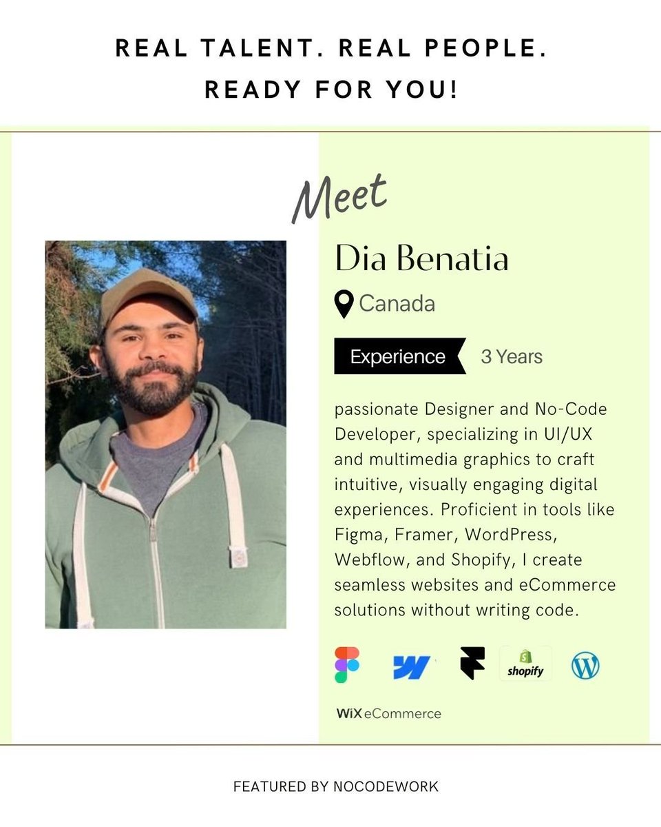 Nocode_work's tweet image. NoCode Talent Spotlight 11 
Meet Dia El Hak Benatia – a passionate Designer and No-Code Developer with 3 years of experience in crafting intuitive and visually stunning digital experiences. 
Connect with Dia here: lnkd.in/g7JEX9Xx
#NoCodeTalent #UIUXDesign #Webflow