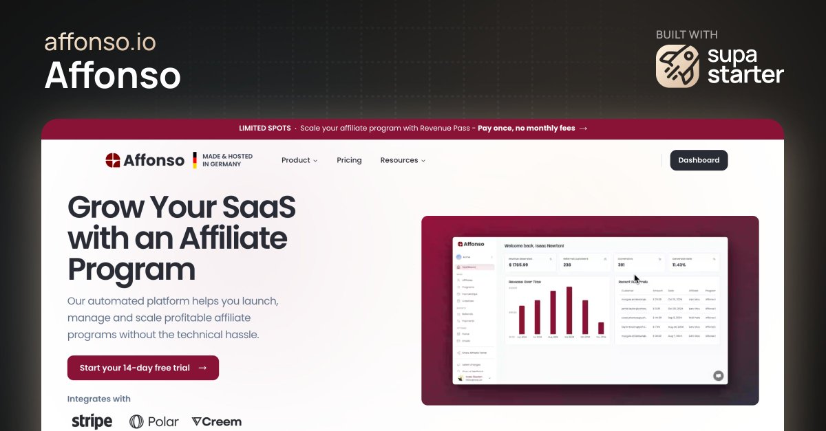 affonso.io is an automated platform that helps you launch, manage and scale profitable affiliate programs without the technical hassle.

#builtwithsupastarter