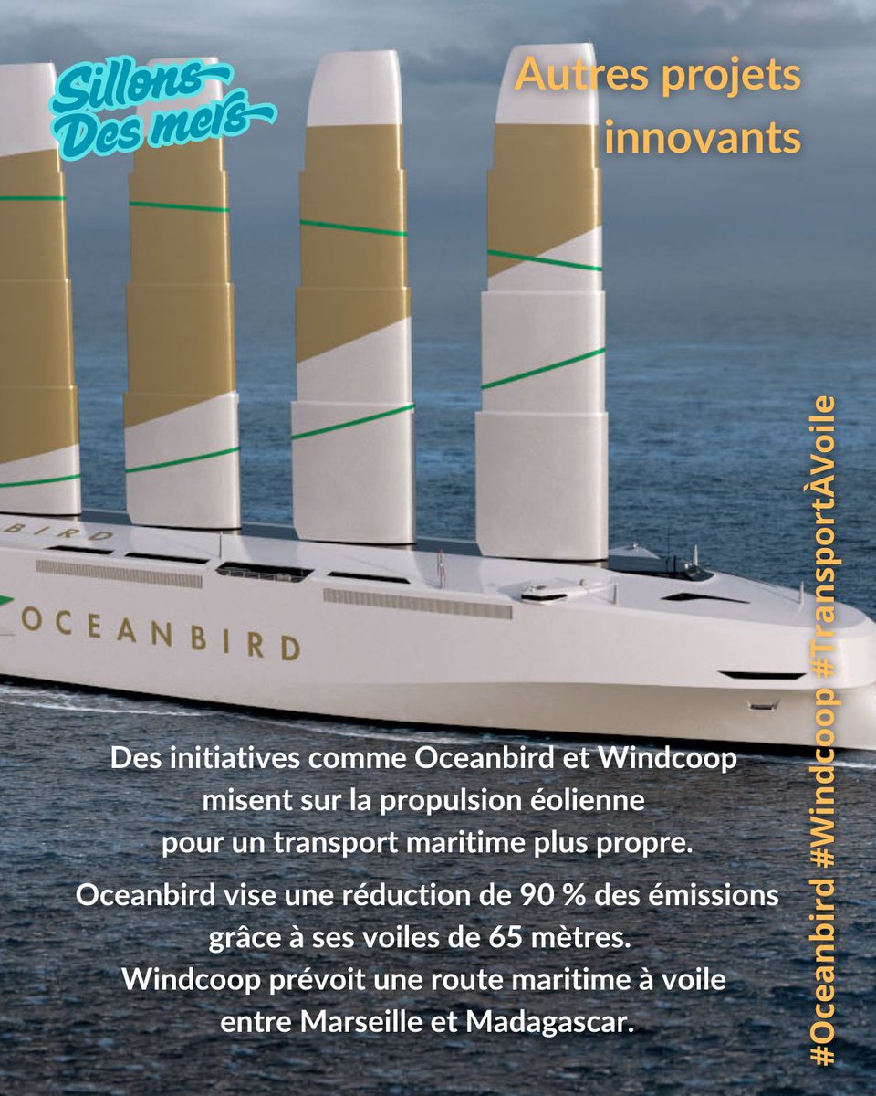 SillonsDesMers's tweet photo. Autres projets innovants:
 
#Oceanbird vise une réduction de 90 % des émissions grâce à ses voiles de 65 mètres. 

#Windcoop prévoit une route maritime à voile entre Marseille et Madagascar. https://t.co/VbNqHuf74N