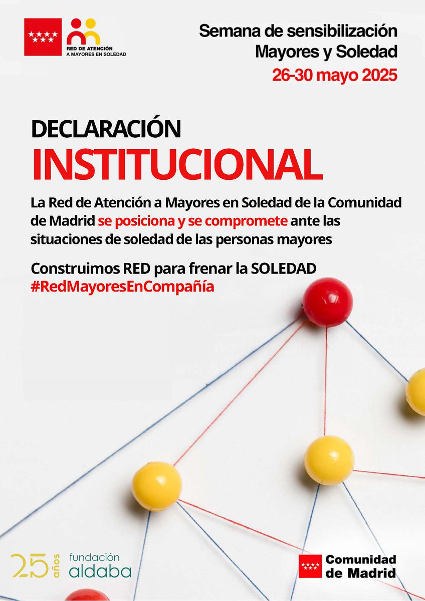 Como miembro de la Red de Atención a Mayores en Soledad de la Comunidad de Madrid nos comprometemos ante las situaciones de soledad de las personas mayores.
Nos sumamos a la declaración institucional de la red.
Puedes leerla en aldaba.ong/wp-content/upl…
#RedMayoresEnCompañía