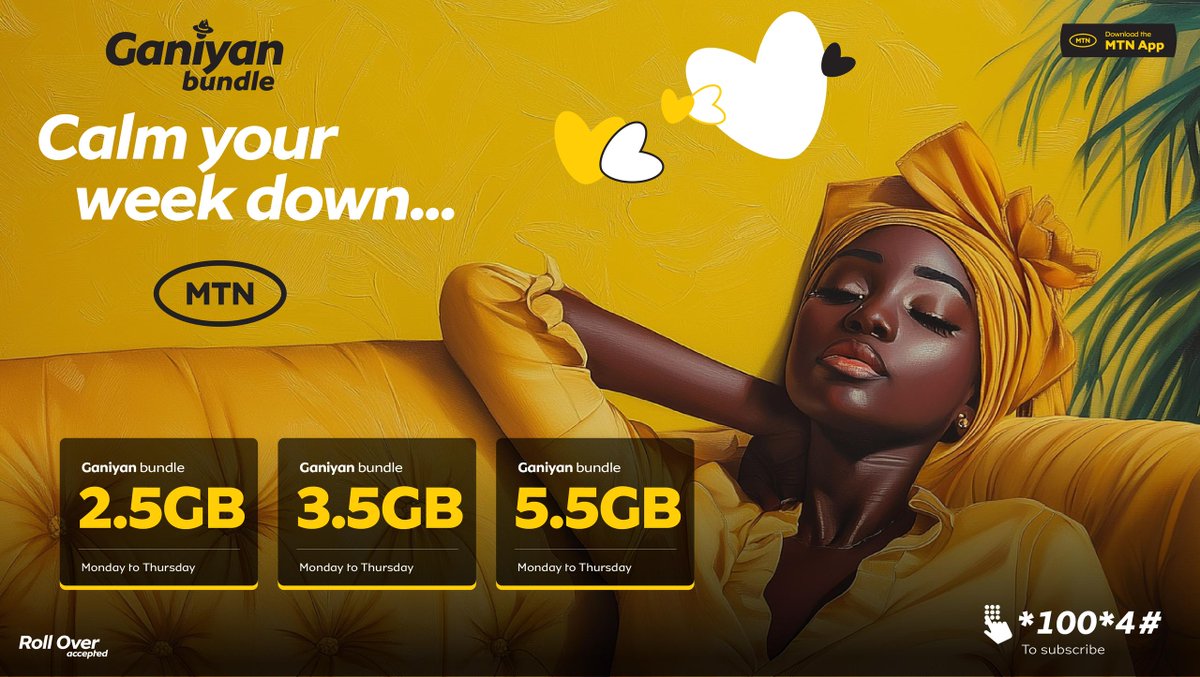 Make your weekdays more enjoyable! Relax with MTN Ganiyan offers, available Monday to Thursday. 

Subscribe by dialing *100*4#