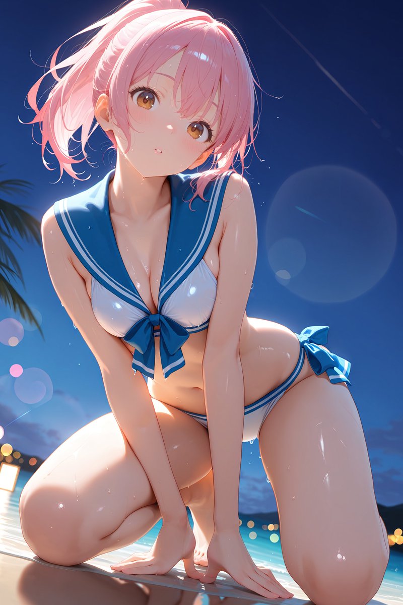 こんばんわ✨
月曜日お疲れ様でした😊
変わった水着着てみたよ？どぉ？💕

セーラー水着たるものを買い物に行った時に見かけたので…。ついね😌💕

#AIイラスト #AIart