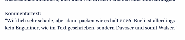 Interessant, was beim <a href="/tagesanzeiger/">Tages-Anzeiger</a> offenbar schon als Verstoss gegen Verhaltensregeln gilt: Mein sachlicher Hinweis zur Herkunft von Andres Ambühl (kein Engadiner, sondern Davoser/Walser) wurde bei einem Beitrag zur Hockey-WM abgelehnt.🤔