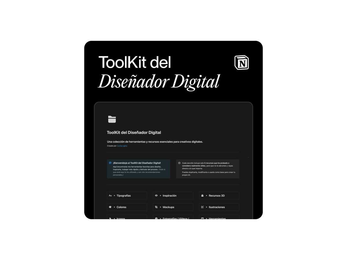 Una plantilla de Notion con las mejores herramientas y recursos para diseñadores y creativos digitales.

60 herramientas – 12 categorías

↓ Enlace de descarga GRATIS en los comentarios ↓