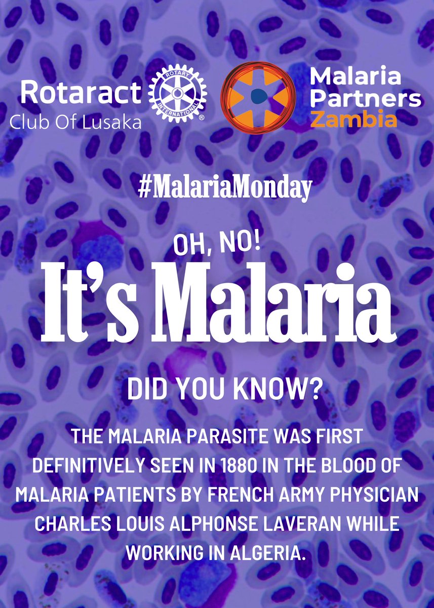 LusakaRotaract's tweet photo. Did you know the malaria parasite was first definitively identified in 1880? 🤔 This #MalariaMonday, the Rotaract Club Of Lusaka, in partnership with Malaria Partners Zambia and MA Rotary International, reminds us of the ongoing fight against this disease. https://t.co/zT9QoQTx72