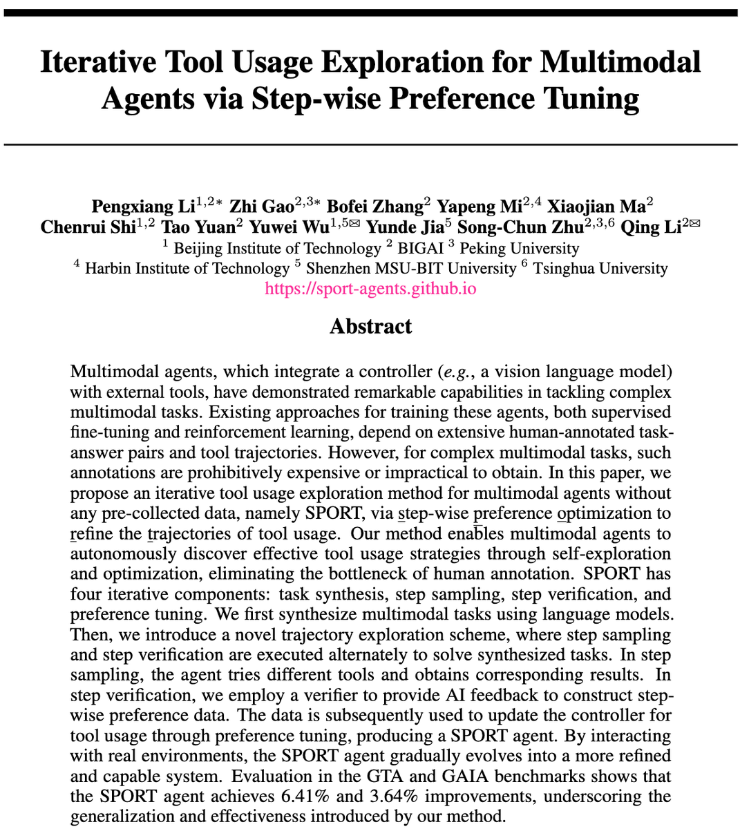 oliverlee1999's tweet image. 🔥Introducing SPORT, a multimodal agent that explores tool usage without human annotation. It leverages step-wise DPO to further enhance tool-use capabilities following SFT. SPORT achieves improvements on the GTA and GAIA benchmarks. sport-agents.github.io