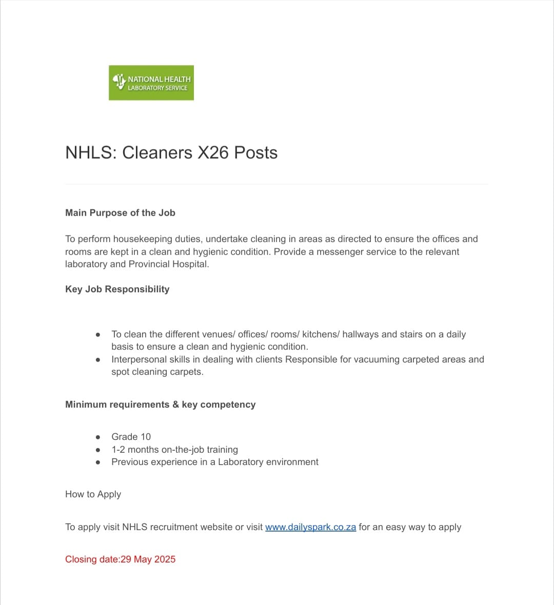 CarolBoitumelo1's tweet photo. NHLS is hiring Cleaners &amp; Messengers X26, apply with Grade 10 and Earn R7 500 p/m

✅Cleaners &amp; Messengers x26

Salary:R7 500 p/m

Requirements 
- Grade 10
- Basic understanding of health and safety
- Attention to detail

🔗https://t.co/HtrKVYPfrt

Apply by 29 May 2025 https://t.co/b0yRciUlWT