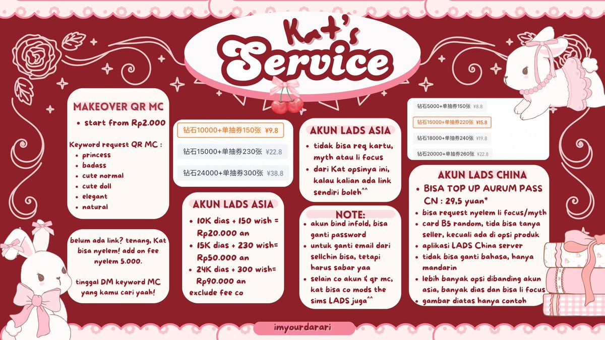 imyourdarari's tweet image. ★ ˙🍎꒰ 𝐊𝐚𝐭’𝐬 𝐒𝐞𝐫𝐯𝐢𝐜𝐞 ꒱̟ !!
𖦹˙— JASA CO TAOBAO | LADS
𓍯 Asia Server acc
𓍯 China Server acc
𓍯 Top Up Aurum Pass China
𓍯 QR MC
𖦹 Fee : 5k/ co + chat seller
💌DM for questions
# wts wtb co love and deepspace makeup mc akun dias #zonauang #zonajajan️️