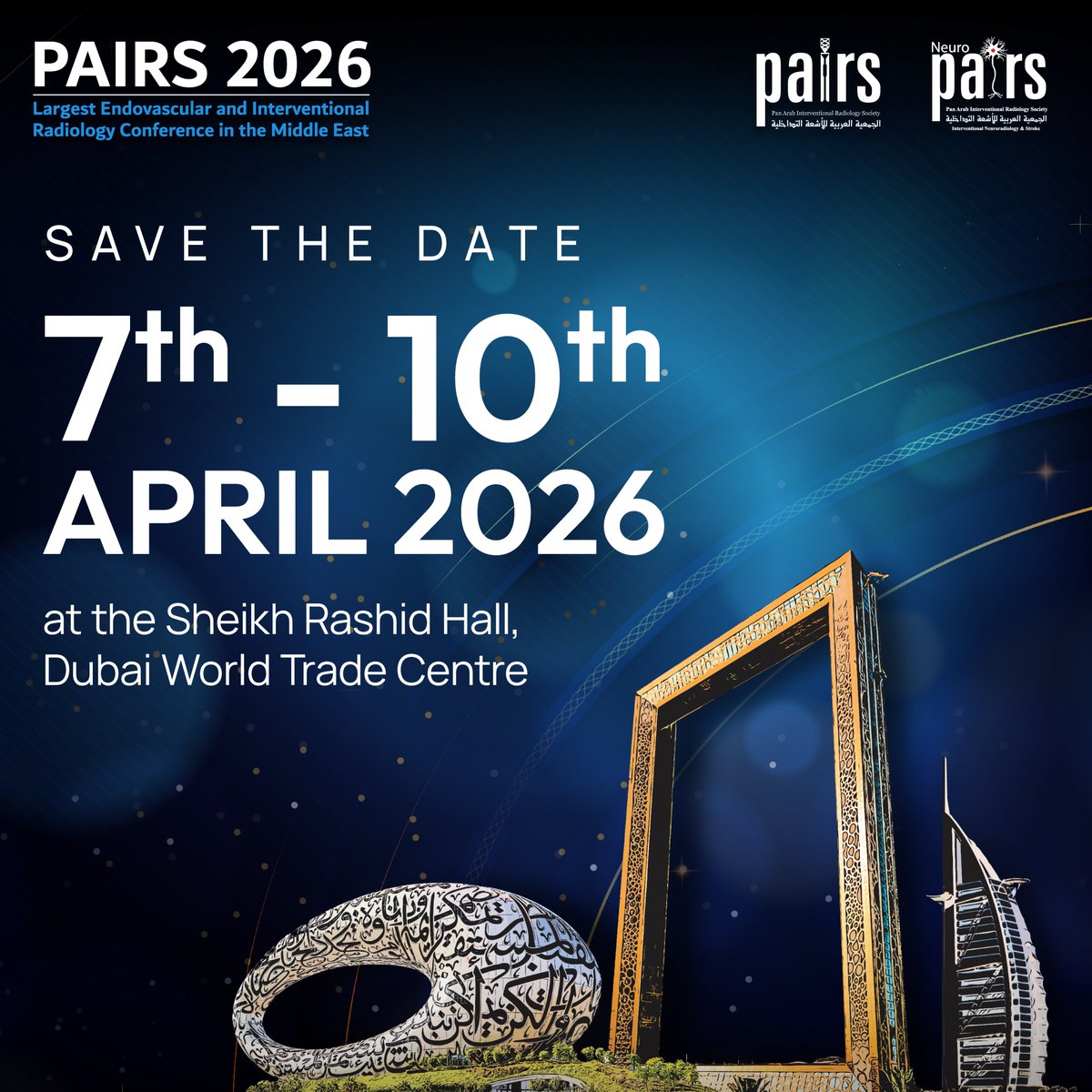 🚨 It’s official—PAIRS 2026 returns to Dubai on April 7–10 at Sheikh Rashid Hall, Dubai World Trade Centre!

Join global IR experts for cutting-edge sessions, live cases &amp; hands-on learning.

🔜 Registration opens soon!

#PAIRS2026 #FutureOfIR #InterventionalRadiology