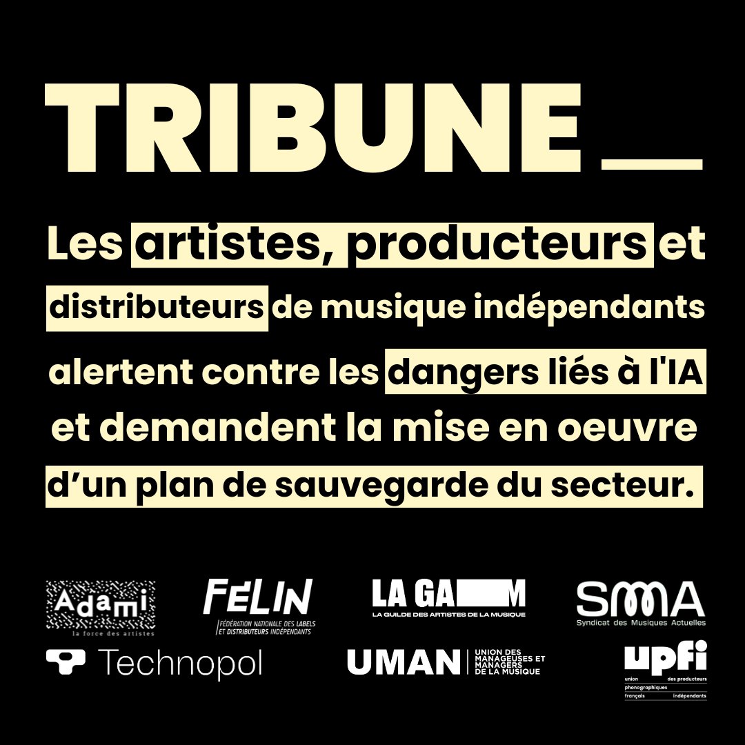 [Tribune] "Ne laissons pas l'IA générative tuer la création musicale" : 450 indépendants lancent un appel
Lire la tribune parue dans <a href="/libe/">Libération</a> déjà signé par plus de 450 artistes, producteurs et professionnels de la musique !
🔗liberation.fr/idees-et-debat…
