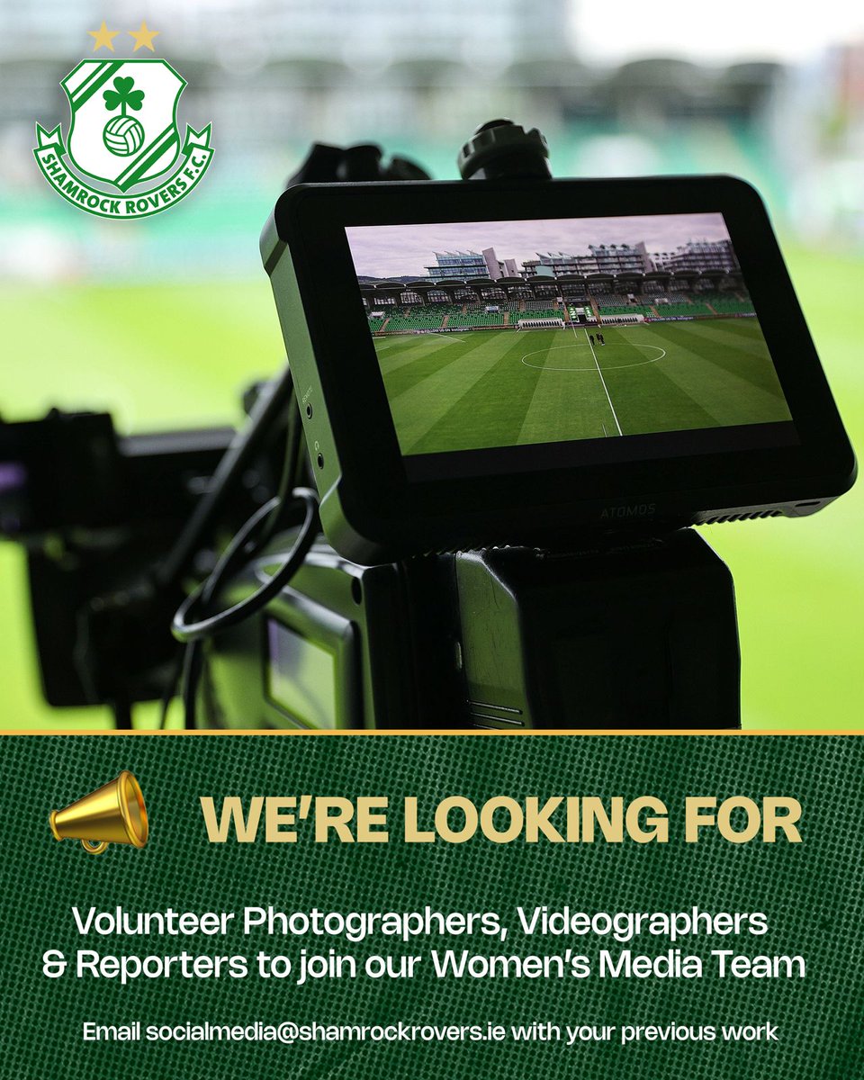 💻 We are seeking experienced and committed volunteers to join our media team with particular support required in the following areas 👇

📸 Photographers
📹 Videographers
🎙️ Reporters

📩 Email socialmedia@shamrockrovers.ie to express your interest