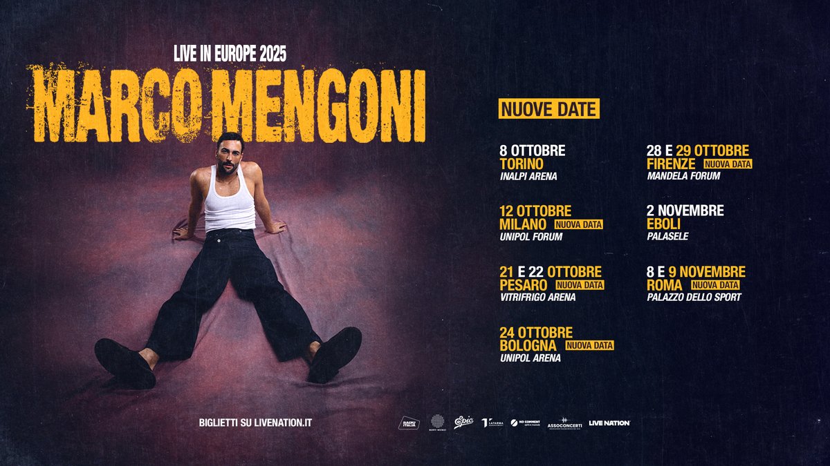 Live Nation Italia (@livenationit) on Twitter photo Si aggiungono cinque nuove date nei palasport italiani al tour europeo di <a href="/mengonimarco/">Marco Mengoni</a>! Sarà un autunno indimenticabile 💛
Biglietti disponibili da oggi. Info su livenation.it/marco-mengoni-… Si aggiungono cinque nuove date nei palasport italiani al tour europeo di <a href="/mengonimarco/">Marco Mengoni</a>! Sarà un autunno indimenticabile 💛
Biglietti disponibili da oggi. Info su livenation.it/marco-mengoni-…