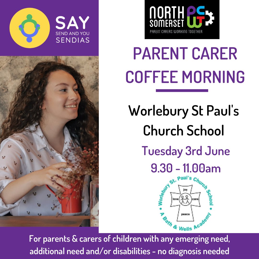 ✨NSPCWT Coffee with SEND and You - SAY✨ 

🙋‍♀️Are you a parent or carer to a young person with an additional need, disability or an emerging concern regarding their development and attend Worlebury St. Paul’s Church School? 

If so, come and join us for a coffee and a chat😀