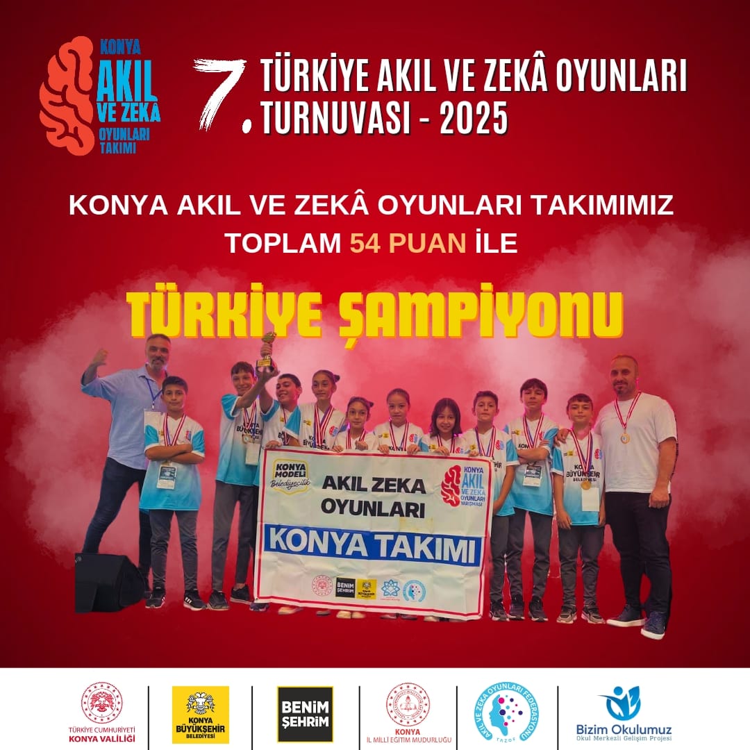 konyamem's tweet photo. AKIL VE ZEKÂ OYUNLARINDA KONYA TAKIM OLARAK TÜRKİYE BİRİNCİSİ 

Millî Eğitim Bakanlığı ile Tüm Akıl ve Zekâ Oyunları Federasyonu (TAZOF) iş birliğinde düzenlenen Türkiye 7. Akıl ve Zekâ Oyunları Turnuvası, bu yıl Kars ilimizde gerçekleştirildi. 

81 ilimiz ve Kuzey Kıbrıs Türk Cumhuriyeti’nden gelen toplam 678 yarışmacının kıyasıya mücadele ettiği turnuvada, Konya Akıl ve Zekâ Oyunları Takımı geçtiğimiz yıllarda olduğu gibi bu yıl da büyük bir başarıya imza attı.

Konya Büyükşehir Belediyesi ve Konya İl Millî Eğitim Müdürlüğü iş birliğiyle turnuvalara hazırlanan takımımız, azim ve kararlılıkla hazırlandıkları bu zorlu yarışmada takım halinde ve bireysel müsabakalarda elde ettikleri başarılarla şehrimizi gururlandırdılar.

Konya’yı temsilen turnuvaya katılan öğrencilerimiz, ilkokul ve ortaokul kategorilerinde gösterdikleri üstün performansla takım halinde toplam 54,5 puan toplayarak Türkiye BİRİNCİSİ oldu.

İlkokul Kategorisi

•Pentago: Karapınar İsmet Büyükyaylacı İlkokulu öğrencisi Ceylin Evren Türkiye BİRİNCİSİ

•Equilbrio: Karatay Hacıveyiszade Mahallesi Ahmet Haşhaş İlkokulu öğrencisi Ayşe Ödevoğlu Türkiye ÜÇÜNCÜSÜ

•Küre: Karapınar İsmet Büyükyaylacı İlkokulu öğrencisi Nedim Tünalp Türkiye BEŞİNCİSİ

•Abluka: Kadınhanı İsmet Ümmühan Önal İlkokulu öğrencisi Ömer Asaf Uğur Türkiye ONBİRİNCİSİ 

•Motif: Karapınar İsmet Büyükyaylacı İlkokulu öğrencisi Zümra Çibuk Türkiye ONYEDİNCİSİ

Ortaokul Kategorisi

•Pentago: Karapınar Cumhuriyet Ortaokulu öğrencisi Aysima Evren Türkiye BİRİNCİSİ 

•Abluka: Beyşehir ilçemizden Alaaddin Ortaokulu öğrencisi Hikmet Mert Taşbarut Türkiye DÖRDÜNCÜSÜ

•Kulami: Ilgın ilçemizden Cumhuriyet Ortaokulu öğrencisi Emir Erarslan Türkiye ALTINCISI

•Küre: Karapınar ilçemizden Duran Sezer Ortaokulu öğrencisi Abdullah Ayaz Türkiye YİRMİBEŞİNCİSİ

•Mangala: Ilgın ilçemizden Cumhuriyet Ortaokulu öğrencisi Enes Şahin Türkiye OTUZDÖRDÜNCÜSÜ

Turnuvada derece elde eden öğrencilerimizi ve emeği geçen danışman öğretmenlerimizi tebrik eder, başarılarının devamını dileriz.

#KonyaAkılZekaOyunları 
@tcmeb @Yusuf__Tekin @TCKonyaValiligi @Vali_Akin 
@Konyabuyuksehir @u_ibrahim_altay @gokhanmurat1 
@Tumakiloyunlari #BizimOkulumuz #BaşarmayaHazırım #Konyamem