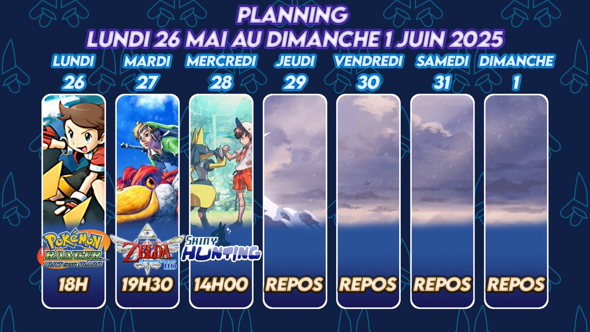Nouveau planning, plus léger car la fin de semaine va être chargé pour moi niveau taf ! #streaming