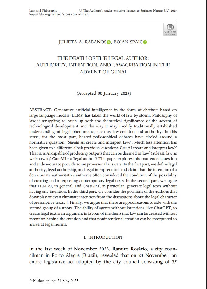 Julieta Rabanos (@julesrabanos) on Twitter photo Can AI be a ‘legal author’? <a href="/BojanSpaic/">Bojan Spaic</a> and I had a blast exploring this seemly unattended question in contemporary debate
(ft. authority, interpretation, intention, GenAI, creation & generation, Monty Python, Star Trek, S Lem, R Barthes, cats & more)
👉doi.org/10.1007/s10982… Can AI be a ‘legal author’? <a href="/BojanSpaic/">Bojan Spaic</a> and I had a blast exploring this seemly unattended question in contemporary debate
(ft. authority, interpretation, intention, GenAI, creation & generation, Monty Python, Star Trek, S Lem, R Barthes, cats & more)
👉doi.org/10.1007/s10982…