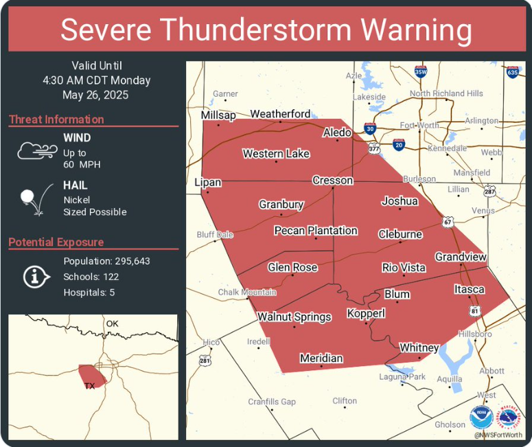🚨 Severe Thunderstorm Warning for Fort Worth! The National Weather Service has extended the warning — strong winds, and hail until 4:30 am. Stay indoors, stay safe, and stay weather aware!  #severethunderstormwarning #memorialdayweekened #staysafe #stayalert
