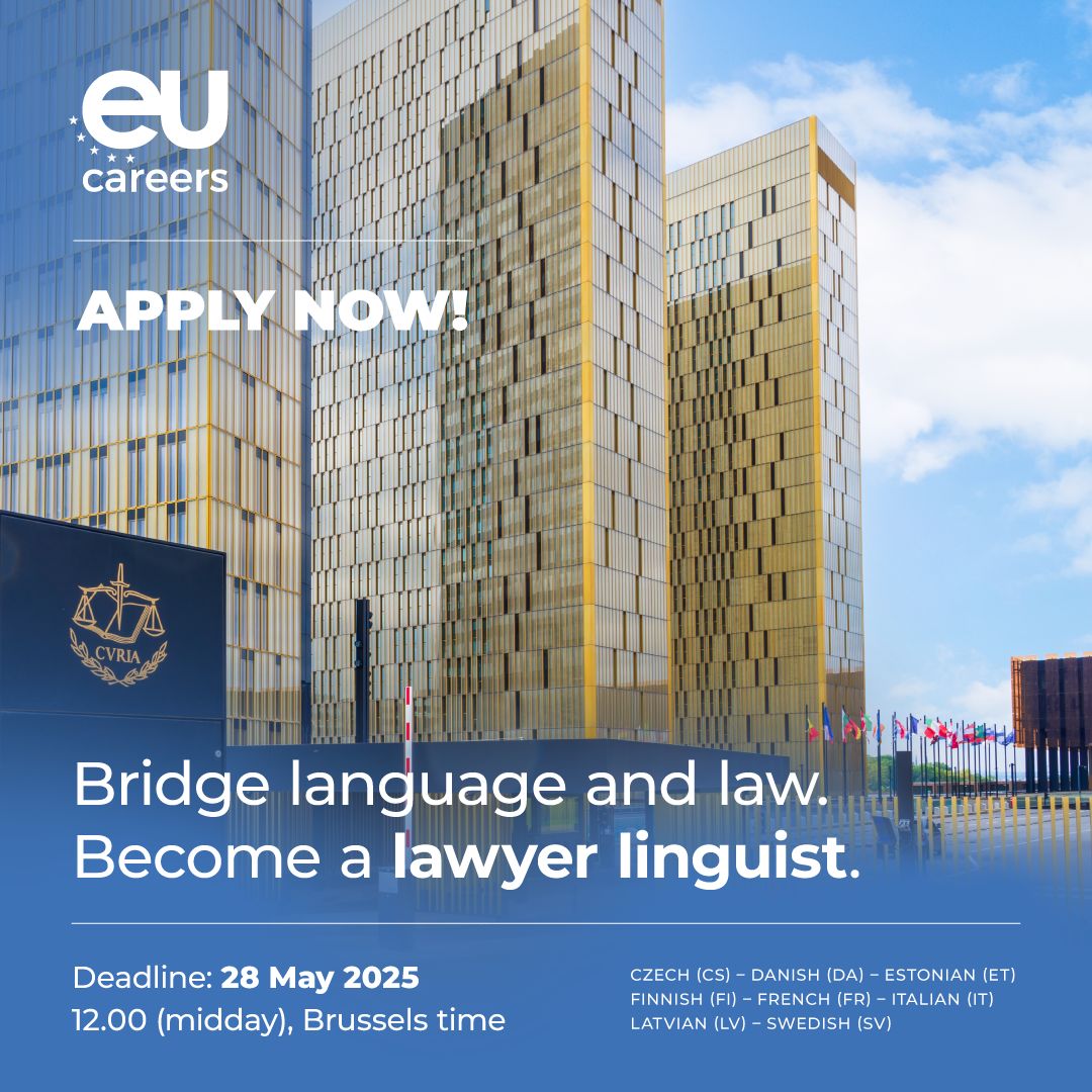 📢 Just 2 days left to apply!

We’re hiring lawyer-linguists with CS, DA, ET, FI, FR, IT, LV or SV as main language + 2 other EU languages.

🗓️ Deadline: 28 May

🔗 eu-careers.europa.eu/en/job-opportu…

#lawyerlinguist #EUcareers #CJEU #multilingualism