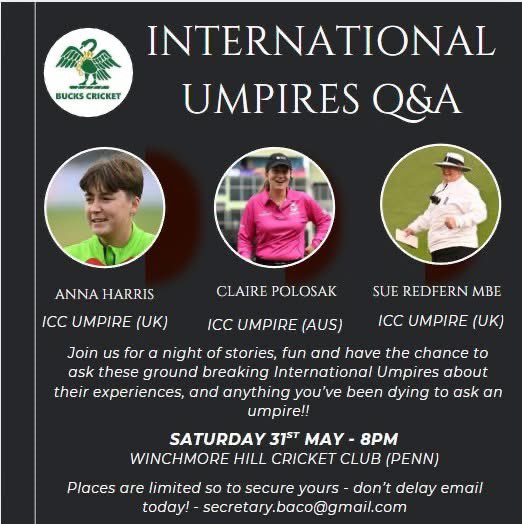 Anna Harris (@a_y_harris) on Twitter photo EXCITING EVENT! <a href="/ACOBucks/">Buckinghamshire ACO</a> <a href="/BucksCricket/">Bucks Cricket</a>
We’ve got <a href="/Sue_redfern/">Suzanne Redfern MBE</a> and Claire Polosak to give up a rest day during the ENG v WI series to chat about all things cricket
Email secretary.baco@gmail.com to secure your place at Winchmore Hill CC *in Penn* on 31st May at 8pm EXCITING EVENT! <a href="/ACOBucks/">Buckinghamshire ACO</a> <a href="/BucksCricket/">Bucks Cricket</a>
We’ve got <a href="/Sue_redfern/">Suzanne Redfern MBE</a> and Claire Polosak to give up a rest day during the ENG v WI series to chat about all things cricket
Email secretary.baco@gmail.com to secure your place at Winchmore Hill CC *in Penn* on 31st May at 8pm