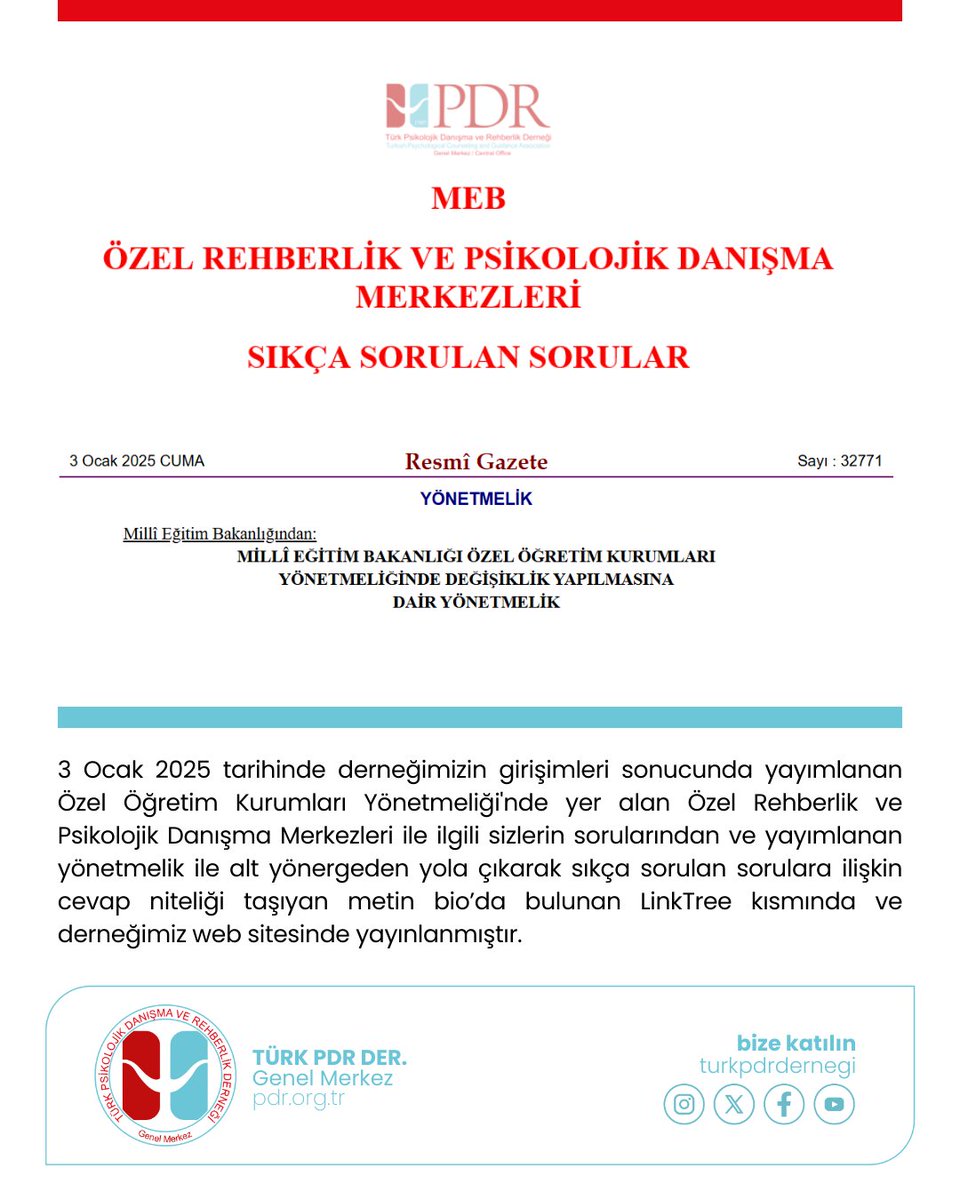 turkpdrdernegi's tweet photo. Değerli meslektaşlarımız ve meslektaş adaylarımız,

3 Ocak 2025 tarihinde derneğimizin girişimleri sonucunda yayımlanan Özel Öğretim Kurumları Yönetmeliği'nde yer alan Özel Rehberlik ve Psikolojik Danışma Merkezleri ile ilgili sizlerin sorularından ve yayımlanan yönetmelik ile alt yönergeden yola çıkarak sıkça sorulan sorulara ilişkin cevap niteliği taşıyan metin hazırlanmıştır.

İlgili metne aşağıdan, bio’da bulunan LinkTree kısmından ve derneğimiz web sitesinden ulaşabilirsiniz 👇🏻
https://t.co/bhpZB3vnSf

@turkpdrdernegi