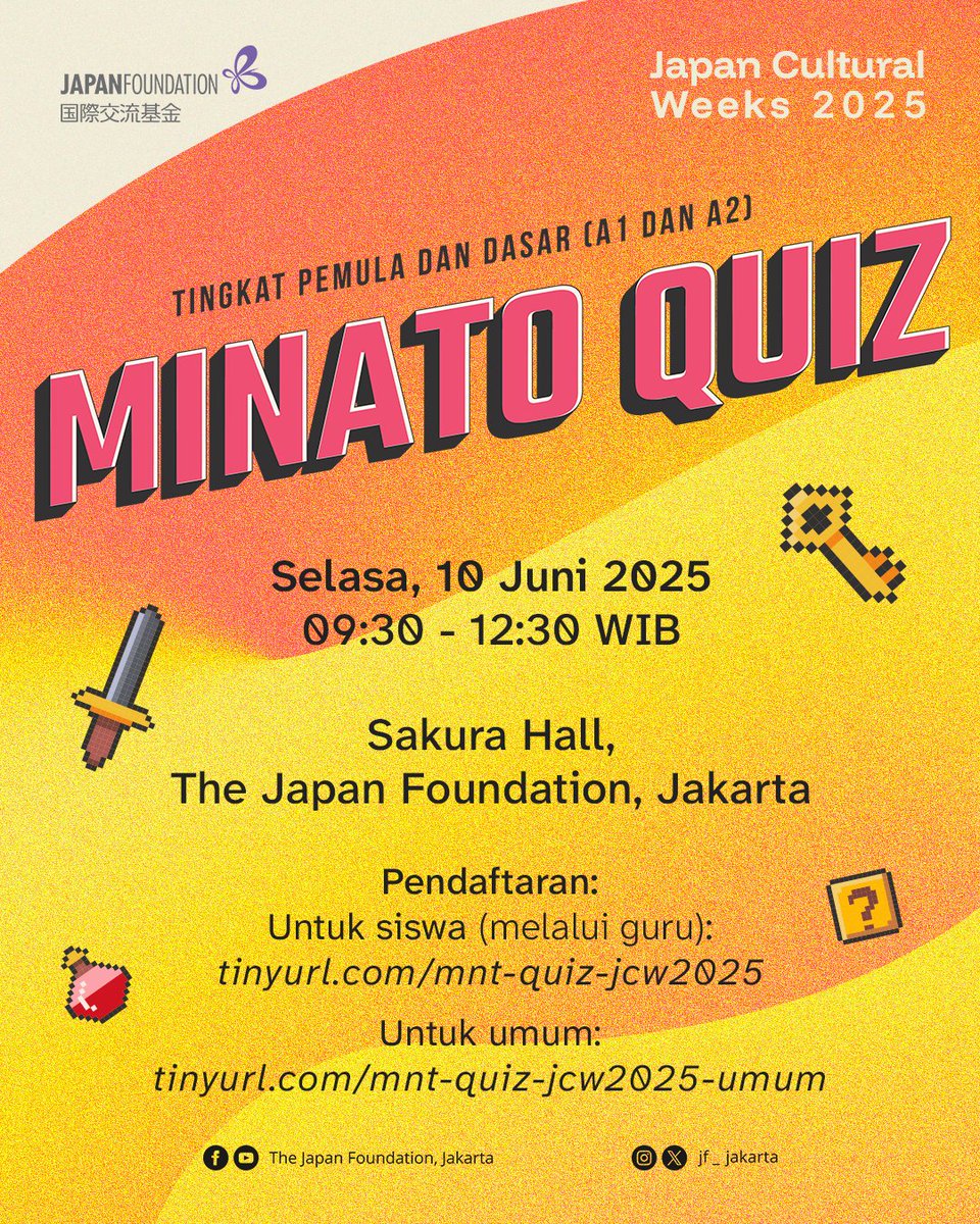 JF_Jakarta's tweet image. Mari berkenalan dengan platform pembelajaran Bahasa Jepang “MINATO”, sekaligus mengasah kemampuan Bahasa Jepangmu bersama!

Cara Pendaftaran (Link di BIO) :
1. Untuk siswa (melalui guru): tinyurl.com/mnt-quiz-jcw20… (2-4 siswa/sekolah)
2. Untuk umum: tinyurl.com/mnt-quiz-jcw20…