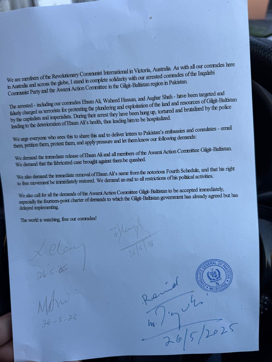 RCI_Australia's tweet image. Today, comrades of RCI Australia visited and met the Consul Generals of Pakistan in Melb &amp;amp; Sydney.

Our demands are clear. We stand in solidarity with our comrades. The world is watching.  @PakinMelbourne @PakinSydney_ 

#releaseEhsanAli #gilgitbaltistan #AwamiActionCommittee