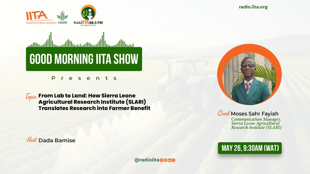 The Communication Manager is live on IITA Radio in Ibadan, Nigeria this morning to discuss "How does SLARI translate research into farmer benefit? Stay tuned.

radio.iita.org