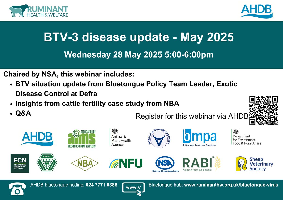 Next #BattleBluetongue webinar - powered by @theAHDB will give latest #BTV3 situation updates &amp; insights from a farmer case study on cattle fertility - followed by a live Q&amp;A session at the end.
Wed 28th May 25
From 5- 6pm
LINK to Register: 📷bit.ly/4k42FWa 
<a href="/ruminanthw/">Ruminant Health & Welfare</a>