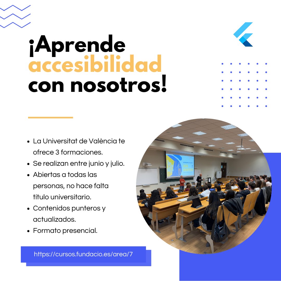 Miguel Ángel Font Bisier (@mangelfont) on Twitter photo ¡Este verano tienes una cita con la inclusión!
<a href="/UV_EG/">Universitat València</a> lanza 3 cursos presenciales entre junio y julio sobre accesibilidad y cómo crear obras audiovisuales inclusivas. Están abiertos a todas las personas, sin necesidad de titulación previa.
cursos.fundacio.es/area/7 ¡Este verano tienes una cita con la inclusión!
<a href="/UV_EG/">Universitat València</a> lanza 3 cursos presenciales entre junio y julio sobre accesibilidad y cómo crear obras audiovisuales inclusivas. Están abiertos a todas las personas, sin necesidad de titulación previa.
cursos.fundacio.es/area/7