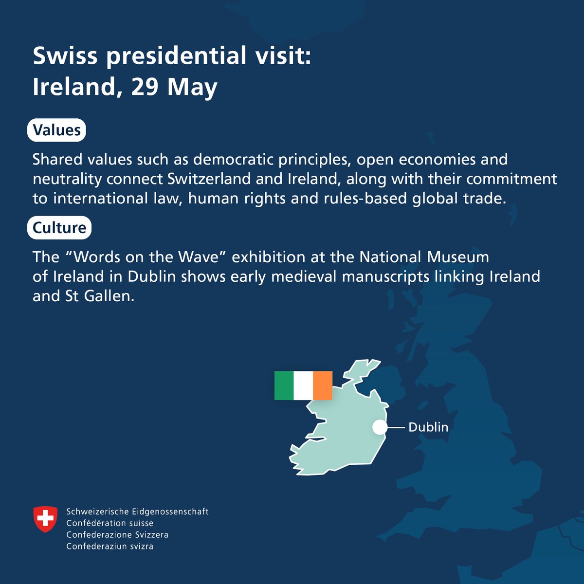 Swiss Federal Government (@swissgov) on Twitter photo 🇮🇪🤝🇨🇭 Swiss President <a href="/keller_sutter/">Karin Keller-Sutter</a> will meet <a href="/PresidentIRL/">President of Ireland</a> Michael D. Higgins and Taoiseach (Prime Minister) <a href="/MichealMartinTD/">Micheál Martin</a> to discuss bilateral relations, European policy and international affairs. She will also visit a new exhibition in Dublin. efd.admin.ch/en/newnsb/uYtC… 🇮🇪🤝🇨🇭 Swiss President <a href="/keller_sutter/">Karin Keller-Sutter</a> will meet <a href="/PresidentIRL/">President of Ireland</a> Michael D. Higgins and Taoiseach (Prime Minister) <a href="/MichealMartinTD/">Micheál Martin</a> to discuss bilateral relations, European policy and international affairs. She will also visit a new exhibition in Dublin. efd.admin.ch/en/newnsb/uYtC…